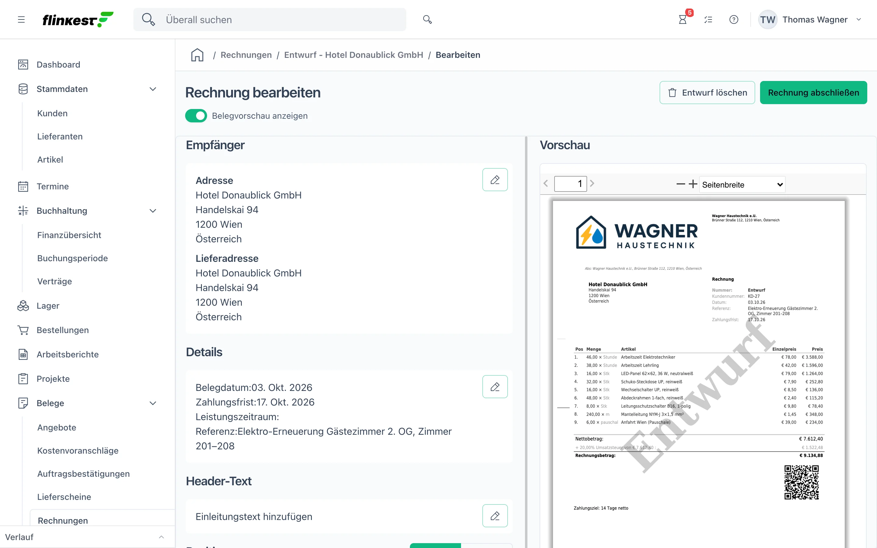 Rechnungseditor: Formular links, PDF-Vorschau mit Firmenlogo rechts