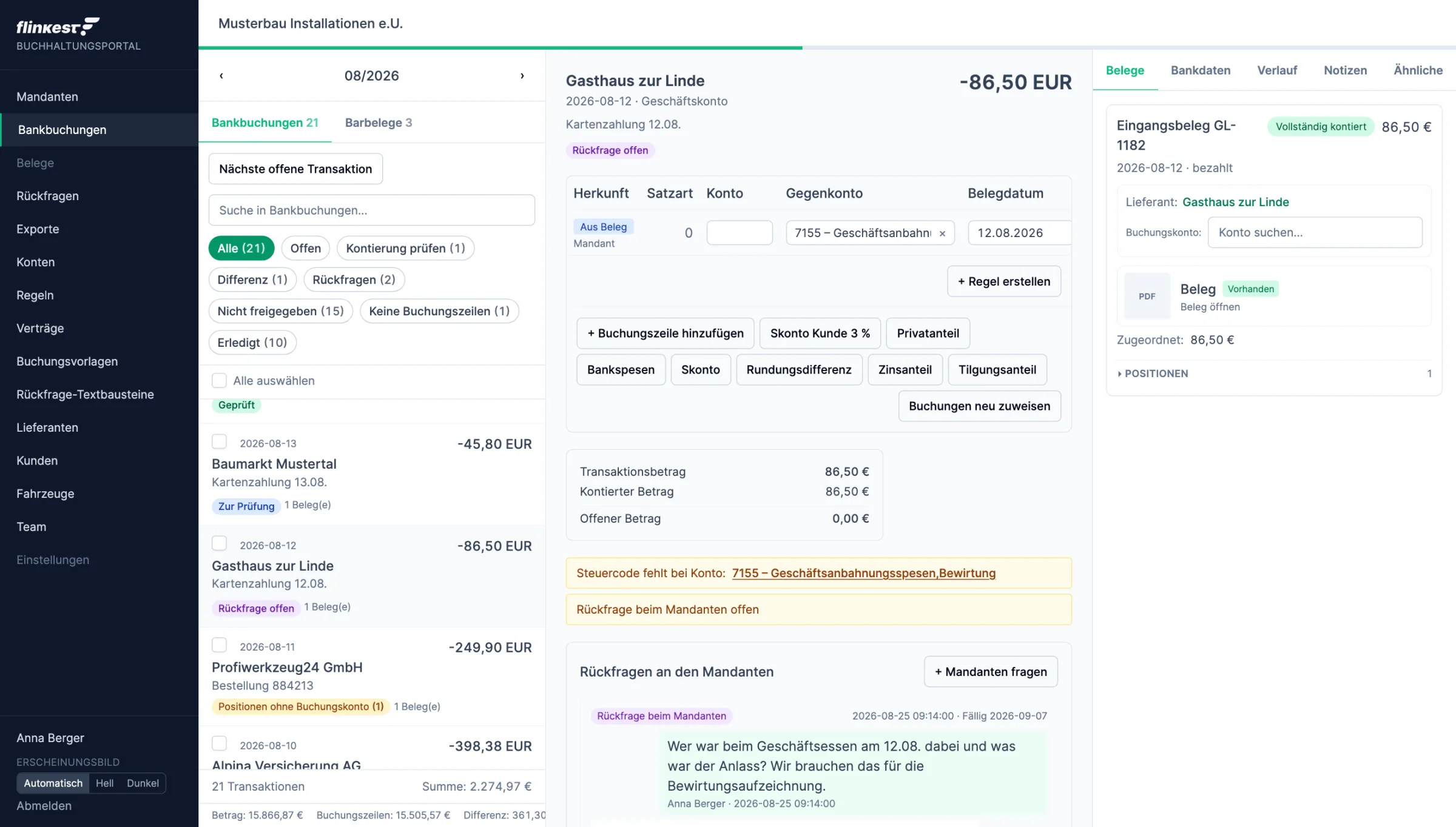 flinkest.tax: Bankbuchungen prüfen, Mandanten, Regeln und BMD-Export