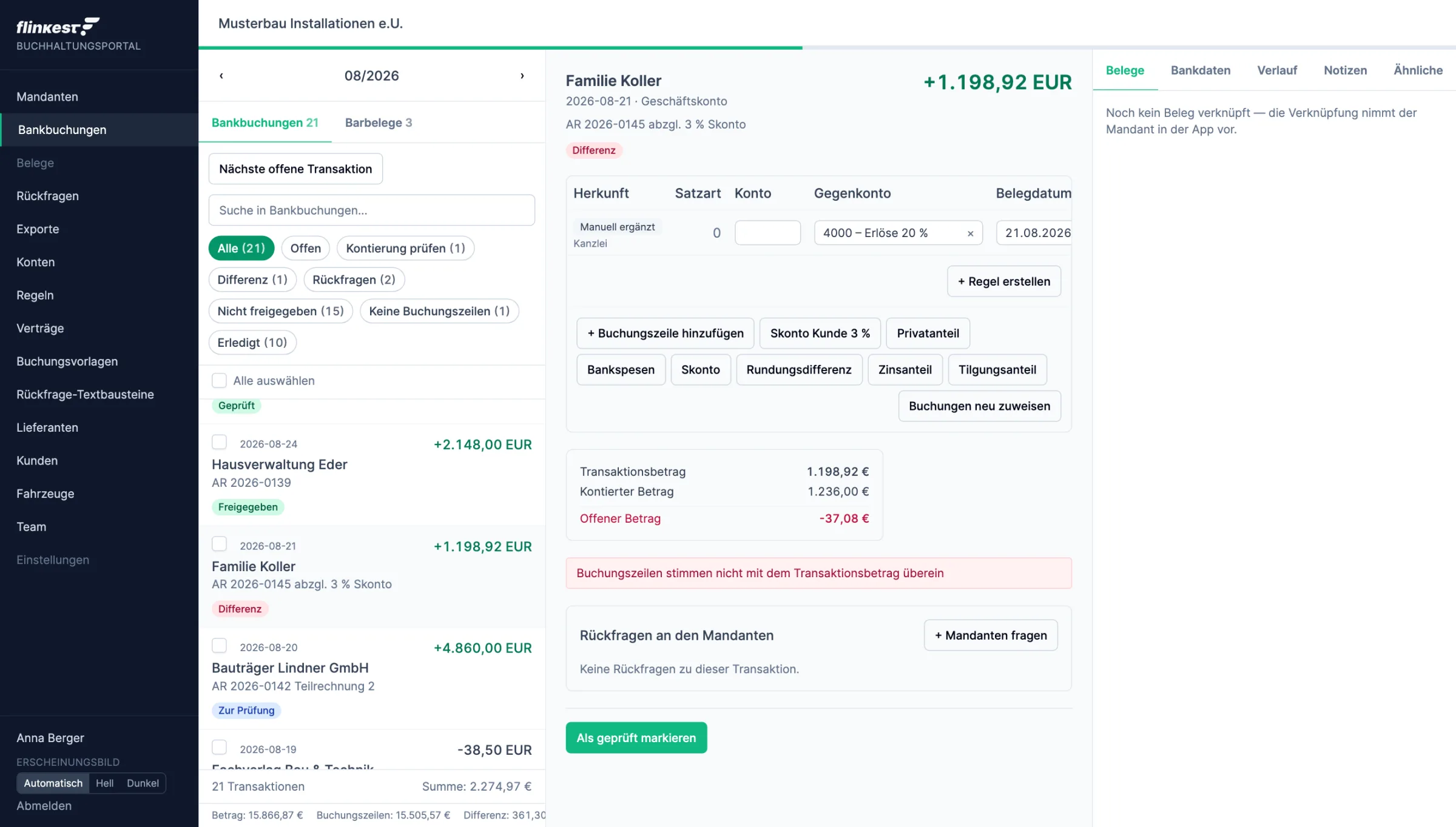 flinkest.tax: Bankbuchungen prüfen, Mandanten, Regeln und BMD-Export